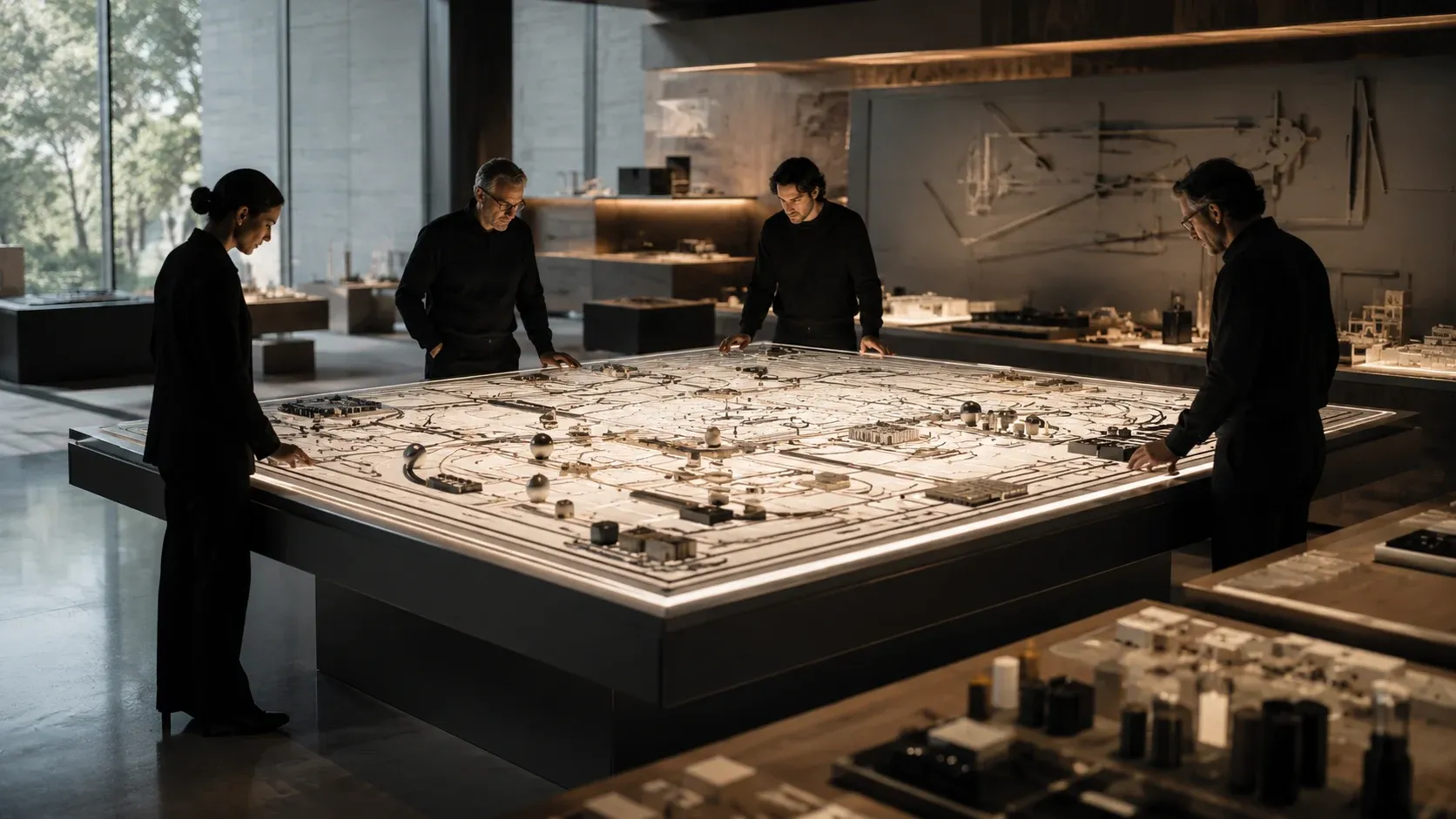 A design team reviewing an architectural model