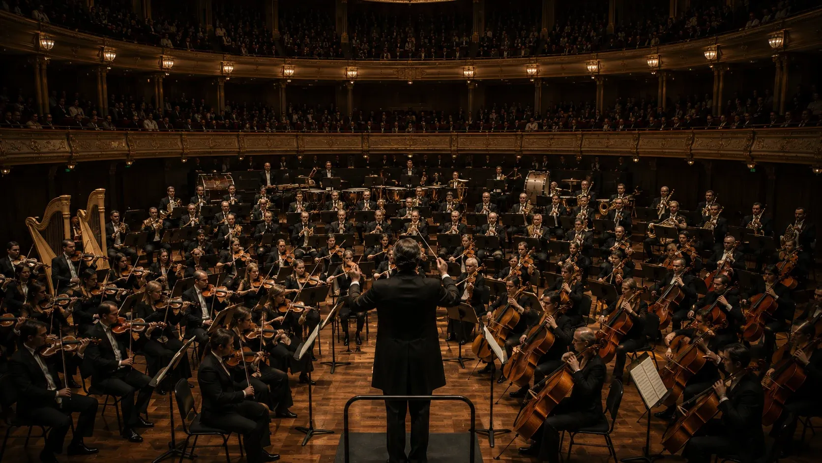 An orchestra conductor mid-performance